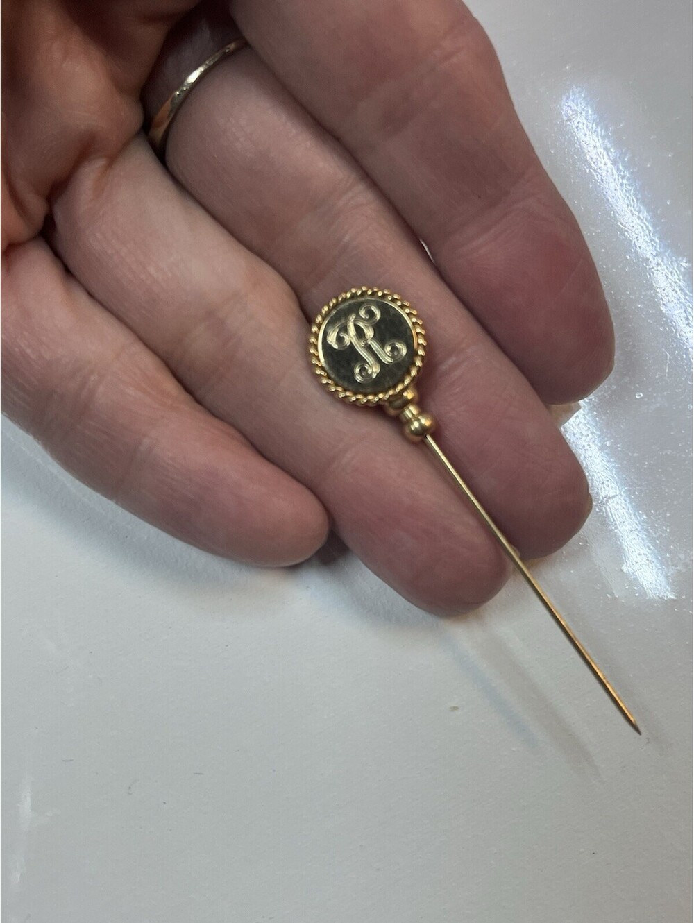 Vintage 1/20 12K GF Monogram R Stick Pin Gold Filled Lapel Pin Rope Edge